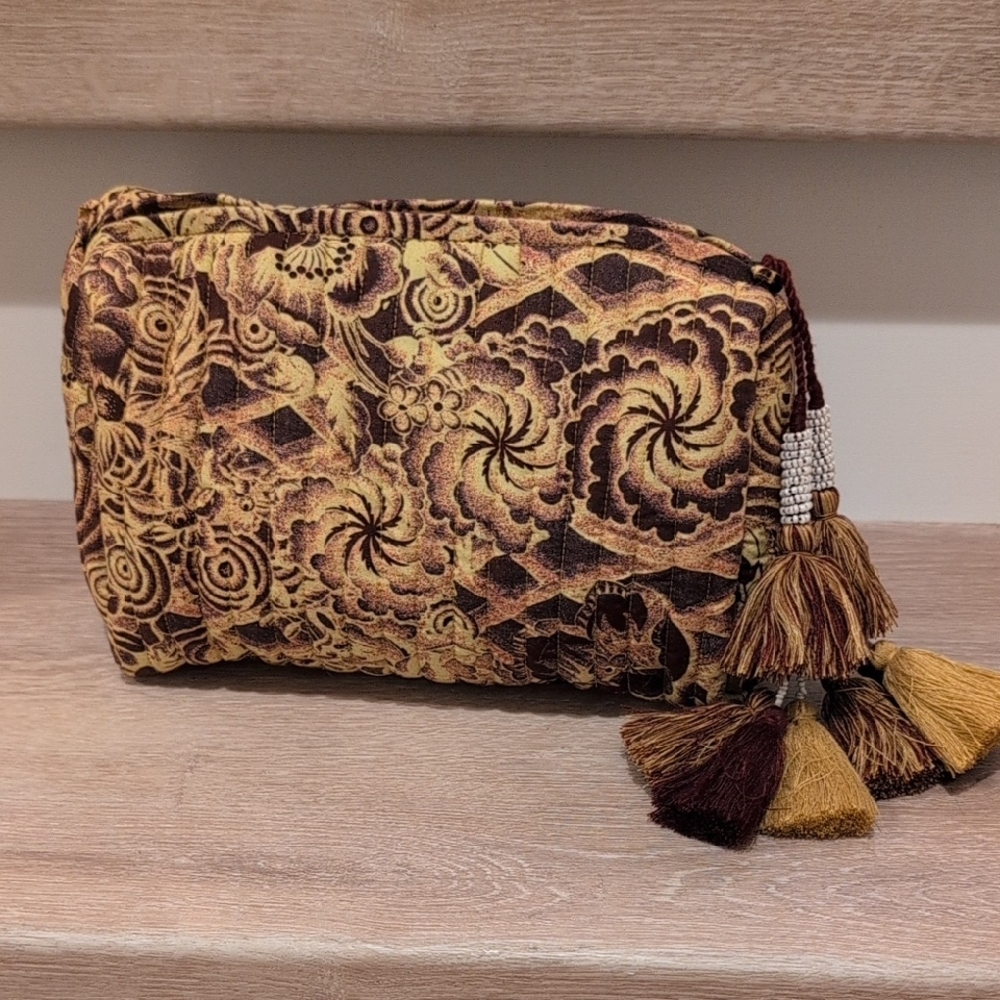 Ulla Johnson's Tapestry Fabric Floral Tassel Cosmetic Pouch - Maroon Yellow